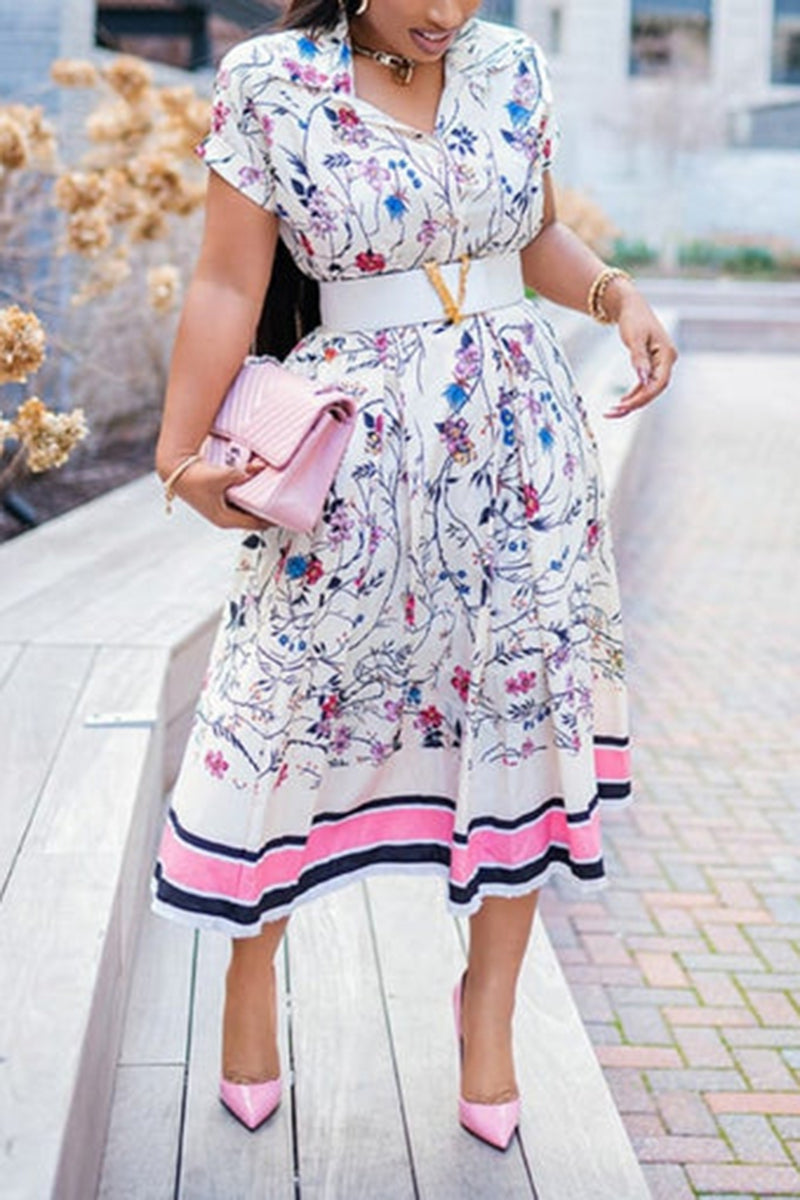 [Pre-Sale] Plus Size Elegant Floral Print Turndown Collor Two Pieces Midi Skirt Set (Without Belt)