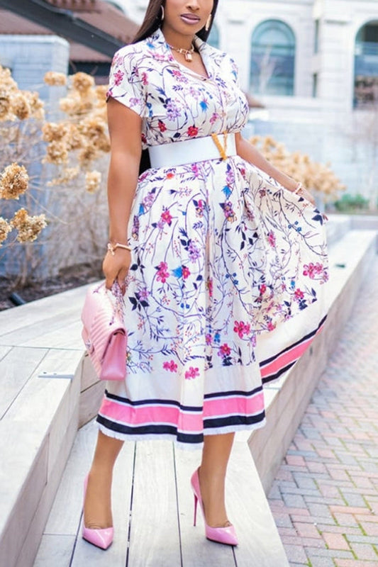 [Pre-Sale] Plus Size Elegant Floral Print Turndown Collor Two Pieces Midi Skirt Set (Without Belt)
