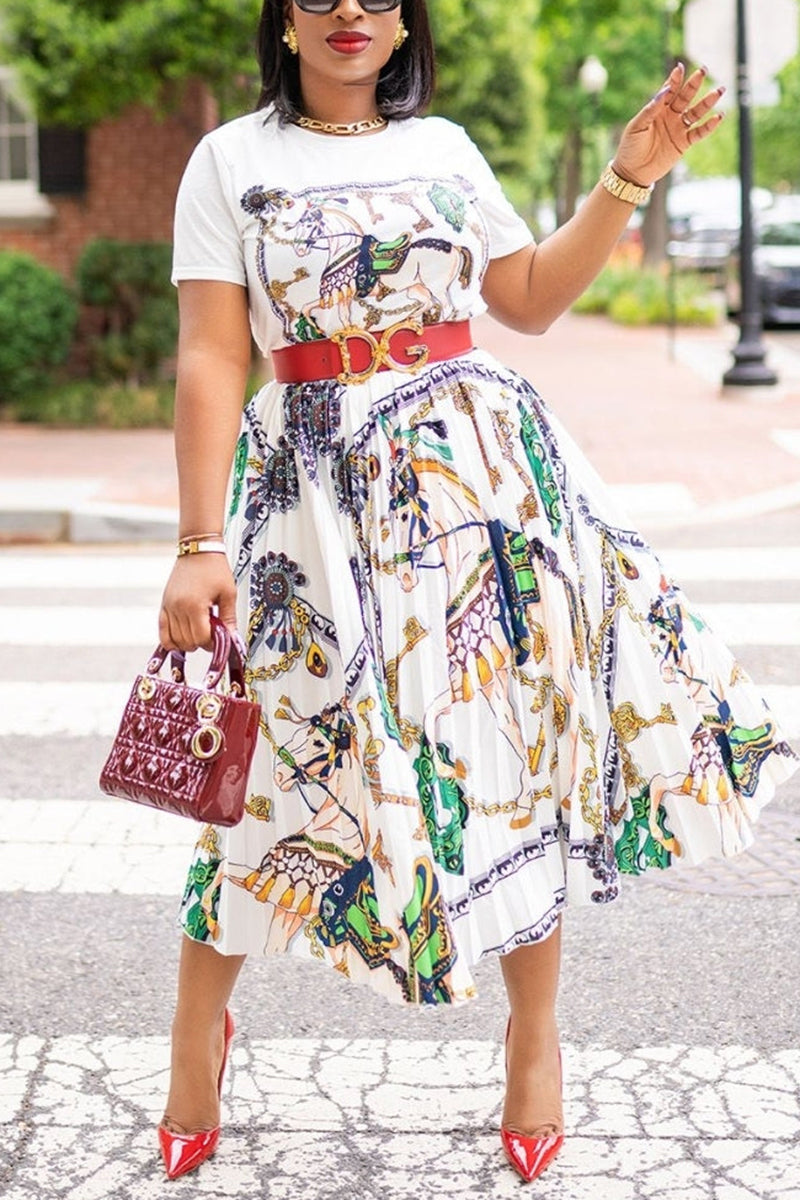 [Pre-Sale] Plus Size Elegant All Over Print Two Pieces Pleated Midi Skirt Set (Without Belt)