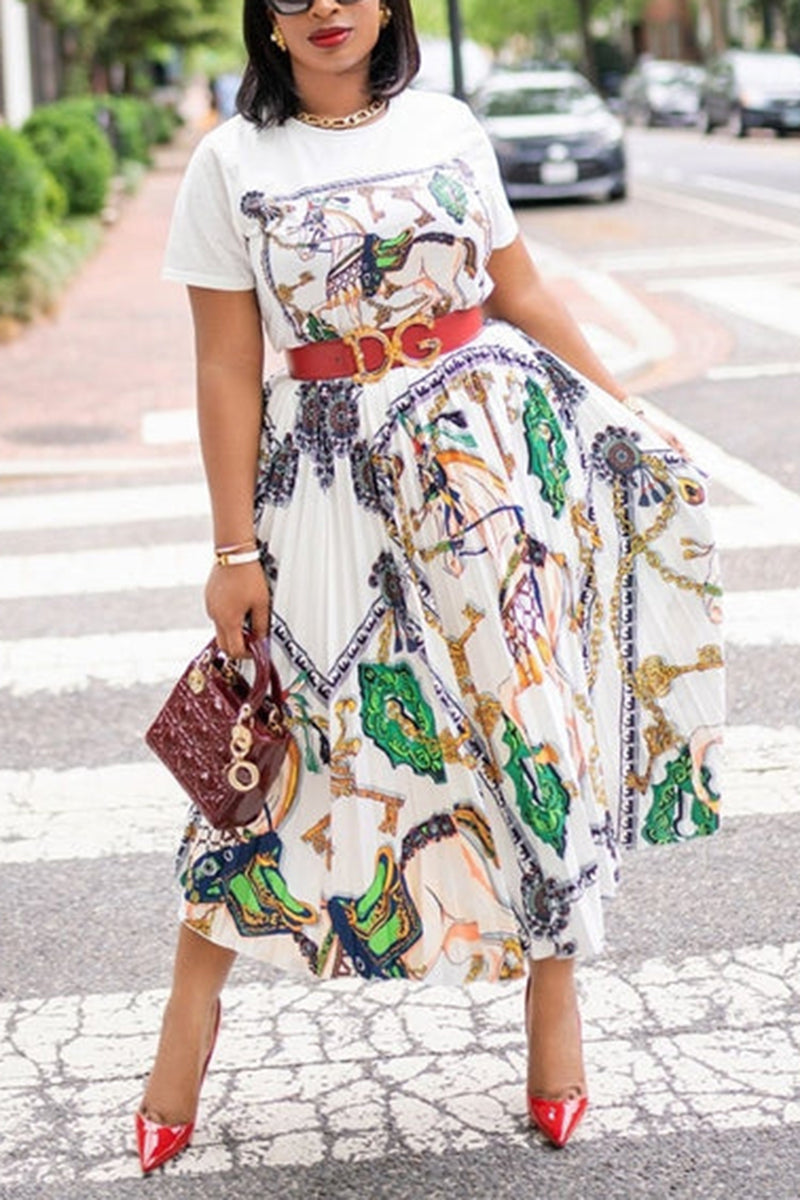 [Pre-Sale] Plus Size Elegant All Over Print Two Pieces Pleated Midi Skirt Set (Without Belt)