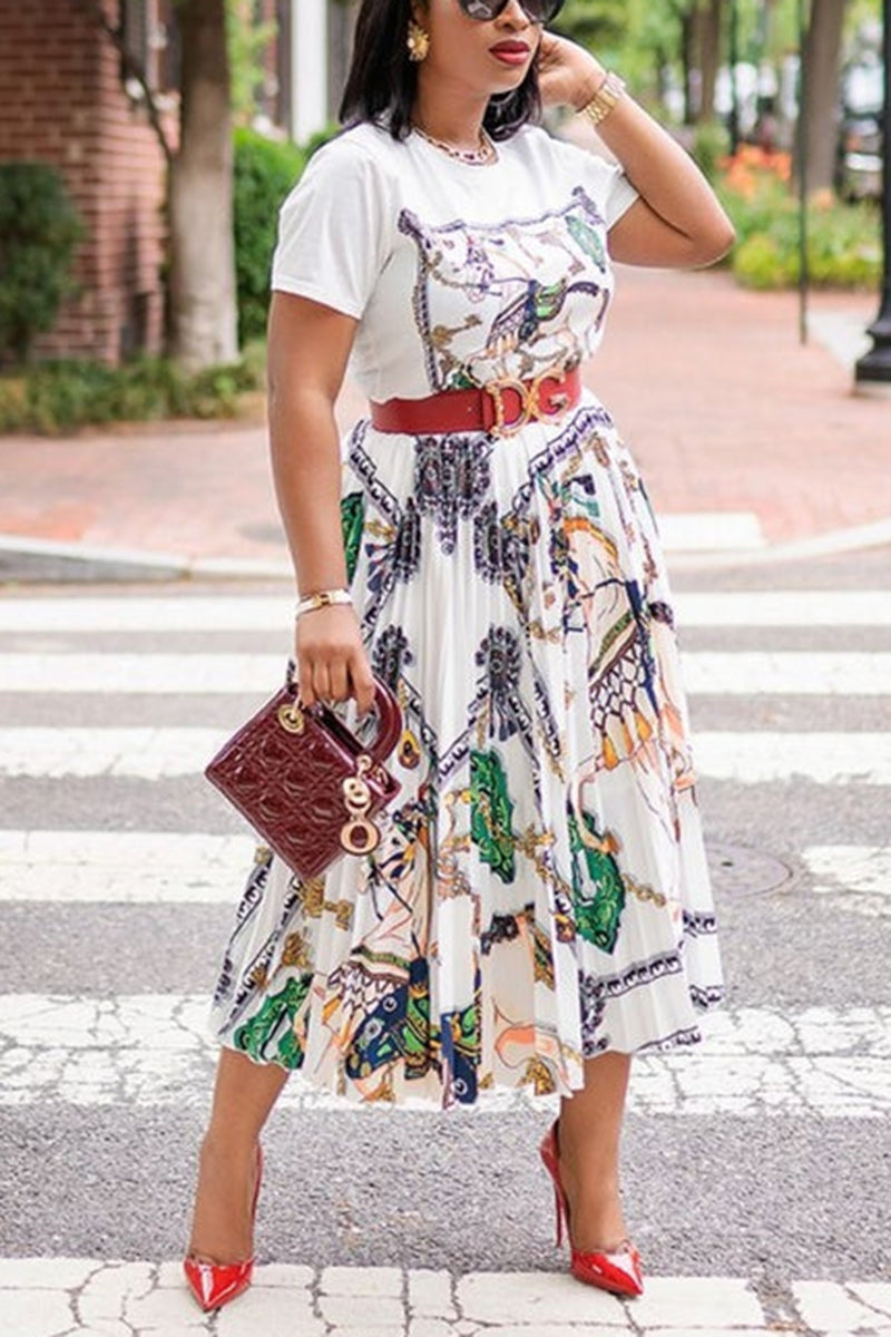 [Pre-Sale] Plus Size Elegant All Over Print Two Pieces Pleated Midi Skirt Set (Without Belt)