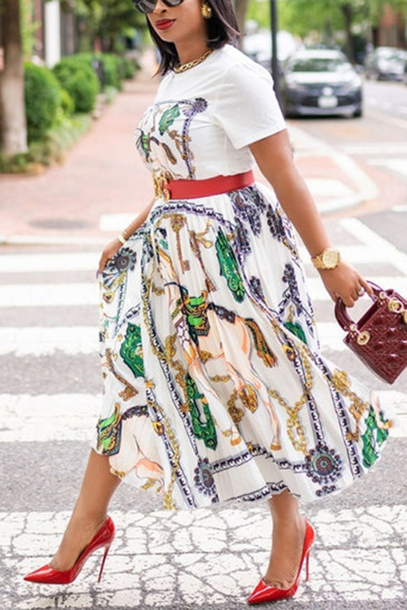 [Pre-Sale] Plus Size Elegant All Over Print Two Pieces Pleated Midi Skirt Set (Without Belt)