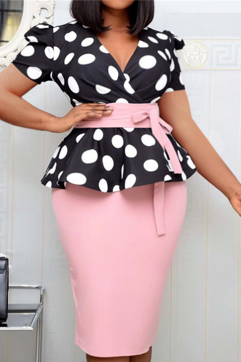[Pre-Sale] Plus Size Elegant OL Style Polka Dot Puff Sleeves Two Pieces Bodycon Skirt Set