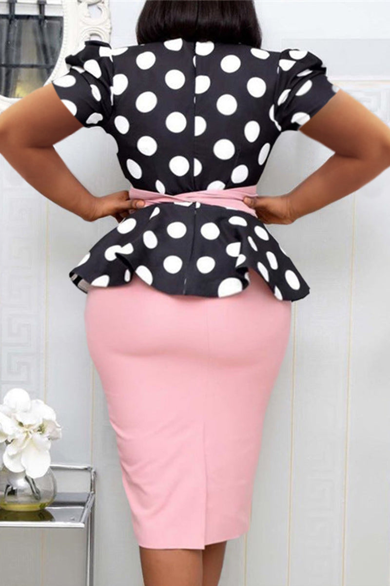 [Pre-Sale] Plus Size Elegant OL Style Polka Dot Puff Sleeves Two Pieces Bodycon Skirt Set