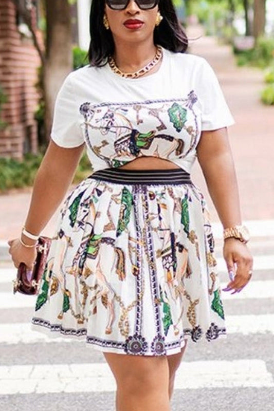 [Pre-Sale] Plus Size Elegant Ol All Over Print Two Pieces Pleated Mini Skirt Set