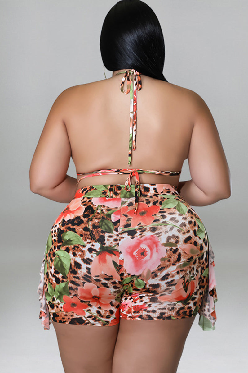 Plus Size Vacation Leopard Floral Print Lace Up Backless Two Pieces Swimsuit