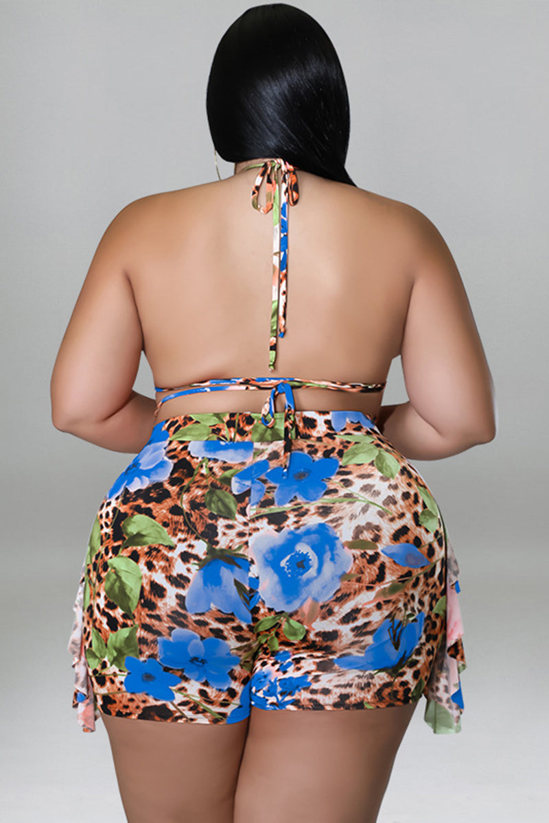 Plus Size Vacation Leopard Floral Print Lace Up Backless Two Pieces Swimsuit