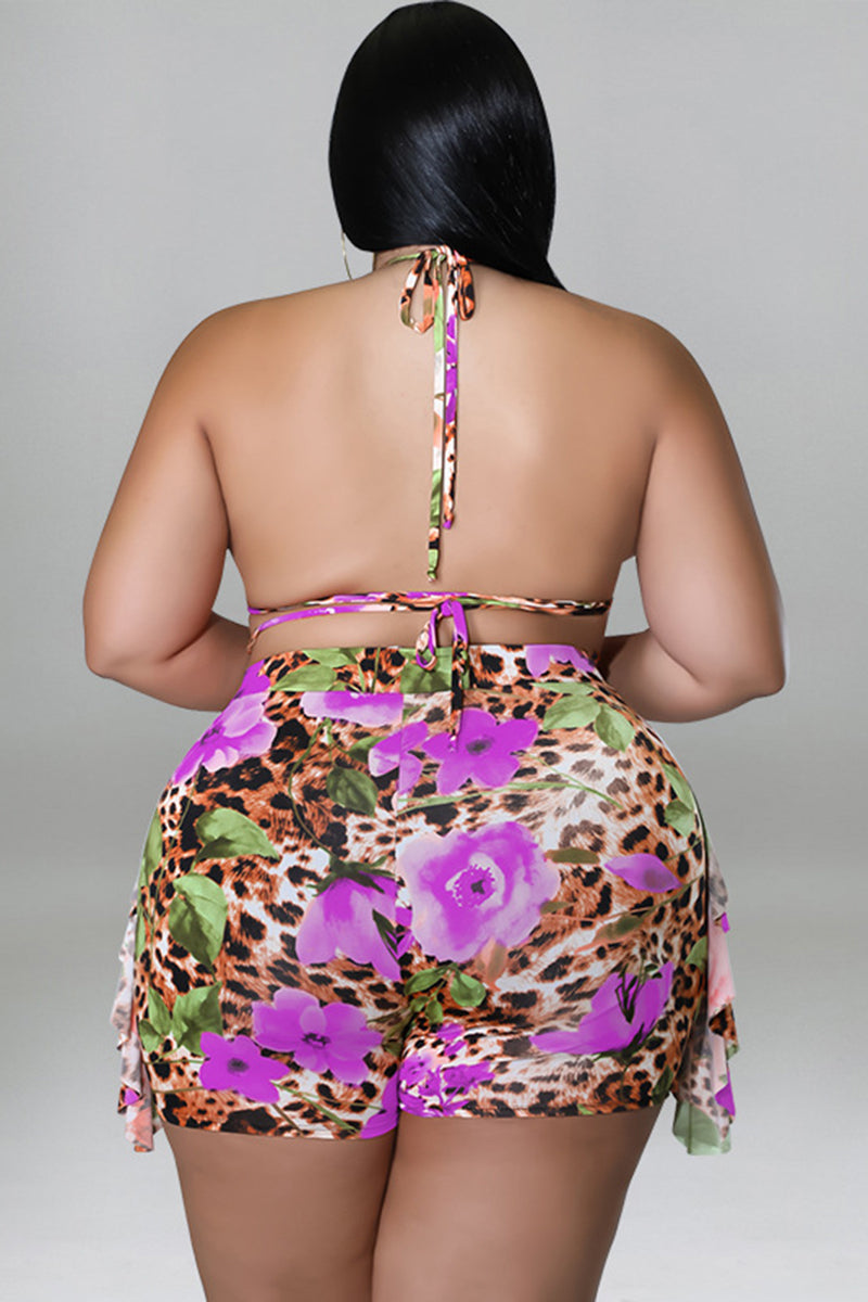 Plus Size Vacation Leopard Floral Print Lace Up Backless Two Pieces Swimsuit