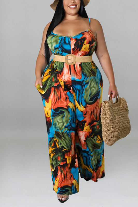 Plus Size Vacation All Over Print Tie Dye Cami Wide Leg Jumpsuit (Without Belt)