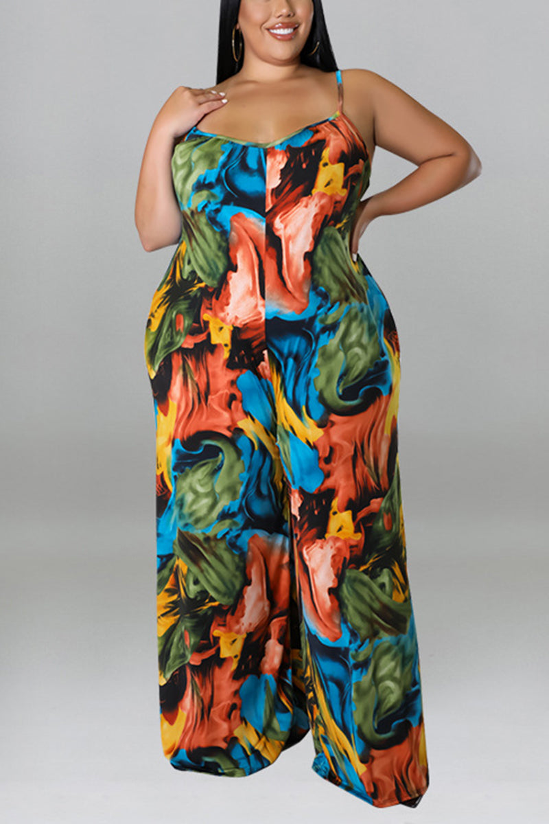 Plus Size Vacation All Over Print Tie Dye Cami Wide Leg Jumpsuit (Without Belt)