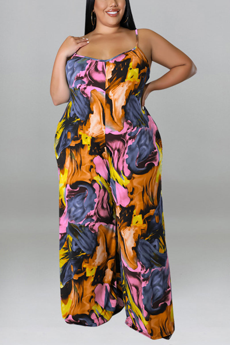 Plus Size Vacation All Over Print Tie Dye Cami Wide Leg Jumpsuit (Without Belt)