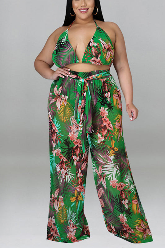 Plus Size Floral Tropical Print Lace Up  Wide Leg Three Pieces Swimsuit