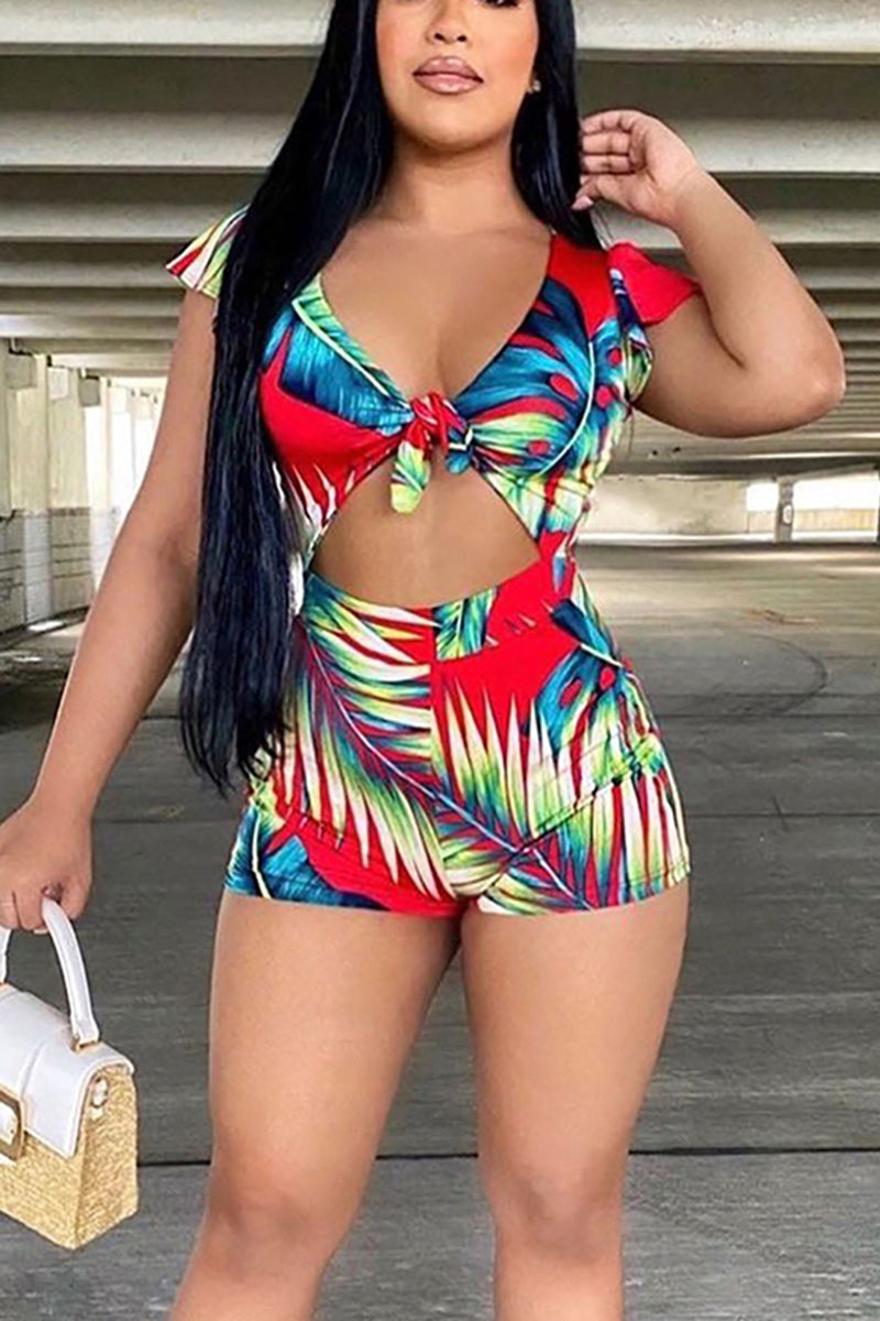 [Pre-Sale] Plus Size Casual Tropical Print Ruffle Sleeves Lace Up Hollowed Romper