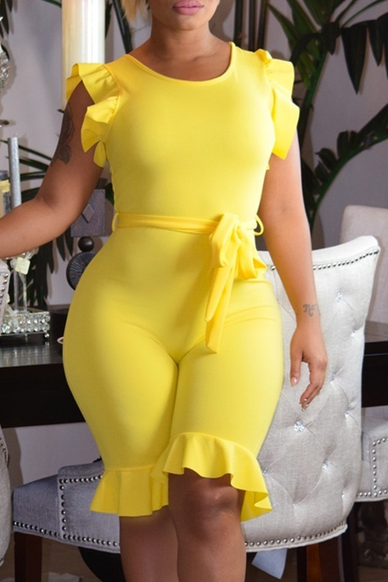 [Pre-Sale] Plus Size Solid Ruffle Sleeves Round Neck Lace Up Romper