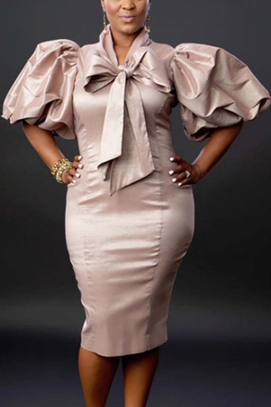 [Pre-Sale] Plus Size Formal Solid Puff Sleeves Lace Up Midi Dresses