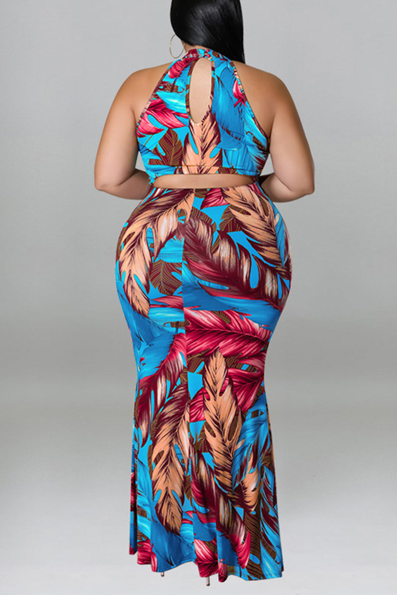 Plus Size Vacation Tropical Print Halter Hollowed Maxi Dress