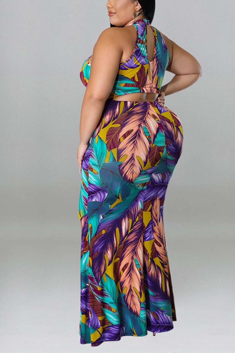 Plus Size Vacation Tropical Print Halter Hollowed Maxi Dress