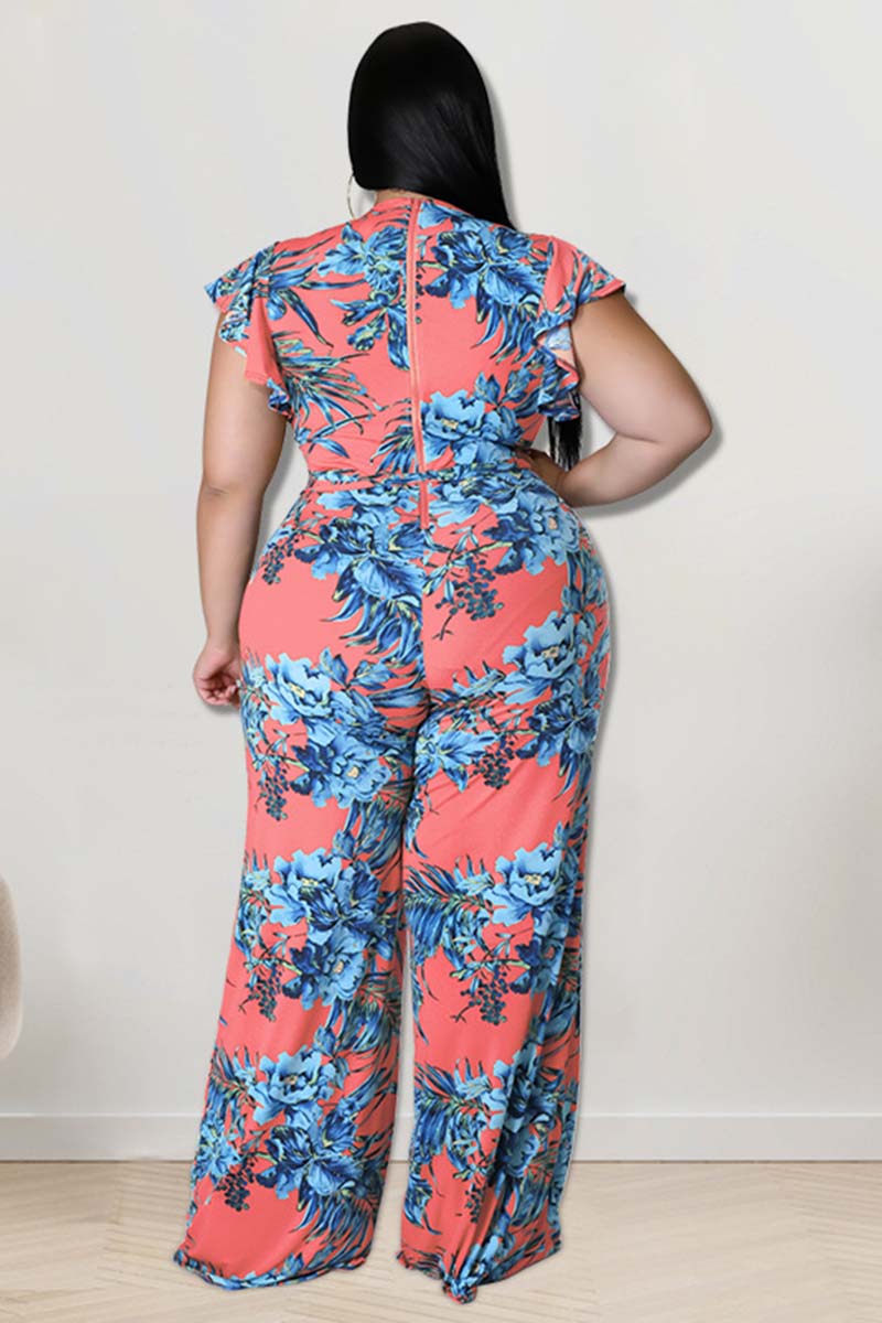 Plus Size Casual Floral Print Ruffle Sleeves Wide Leg Jumpsuit