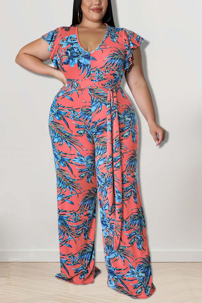 Plus Size Casual Floral Print Ruffle Sleeves Wide Leg Jumpsuit