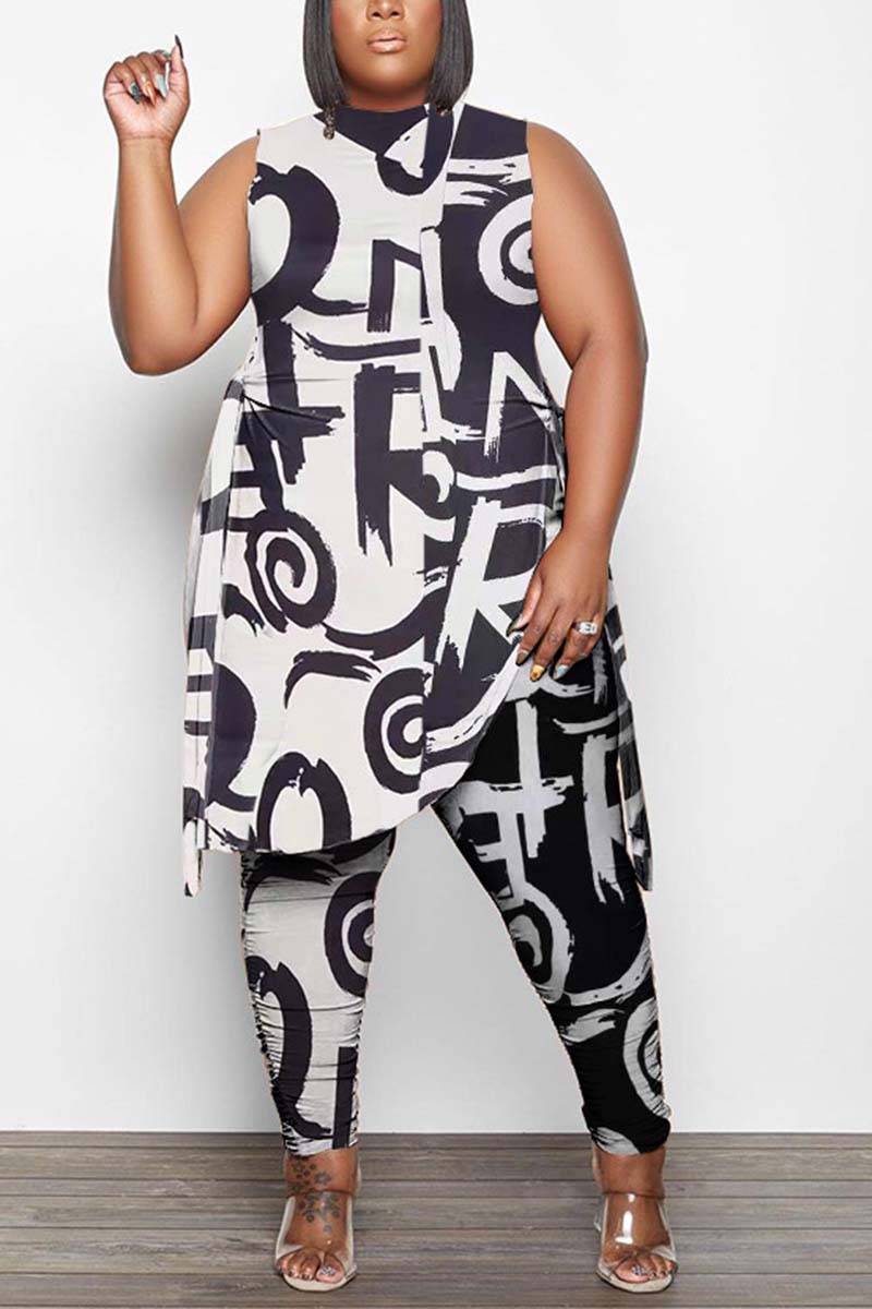 Plus Size Casual All Over Print Sleeveless Two Pieces Pants Set