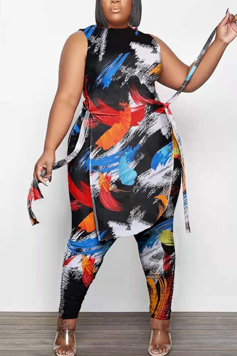 Plus Size Casual All Over Print Sleeveless Two Pieces Pants Set