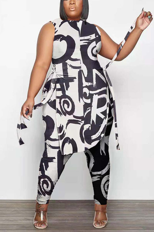 Plus Size Casual All Over Print Sleeveless Two Pieces Pants Set