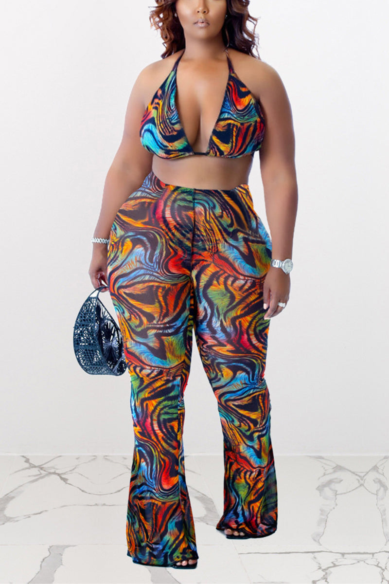 Plus Size Vacation Beach All Over Print Lace Up Two Pieces Bikini Pants Set