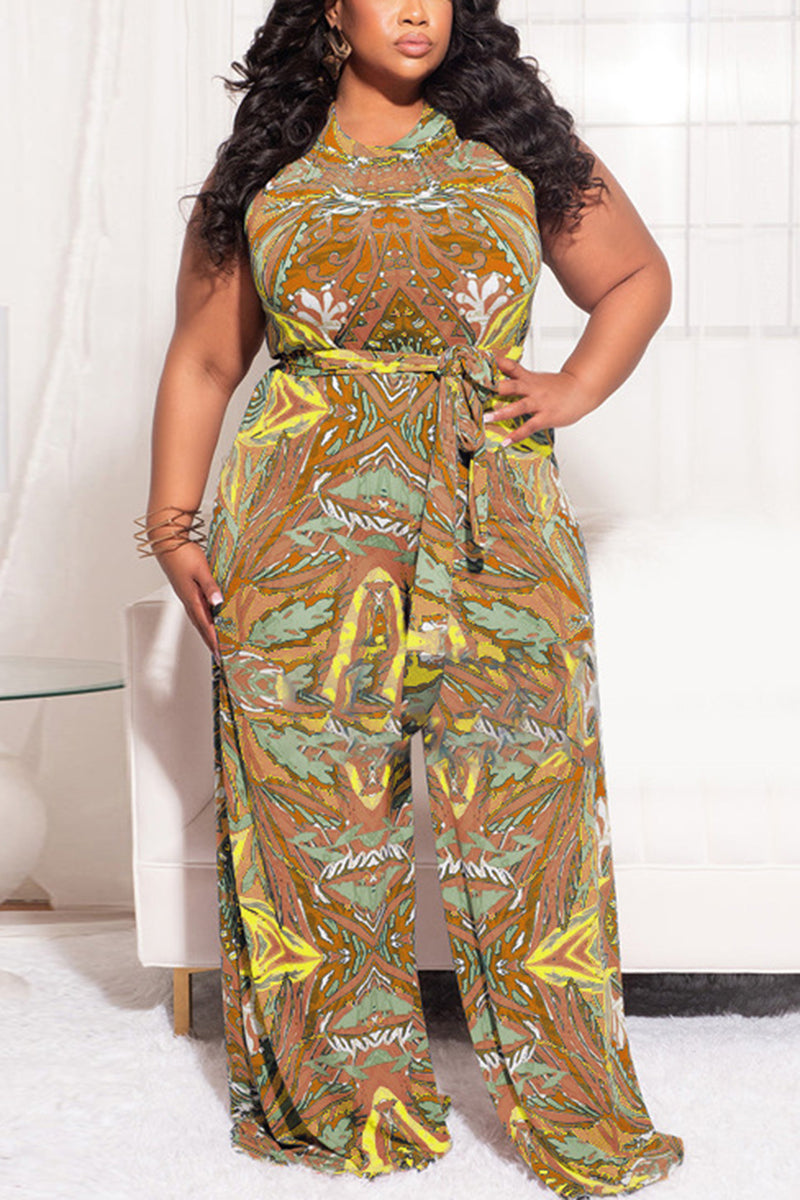 Plus Size Casual All Over Print Halter Lace Up Wide Leg Jumpsuit