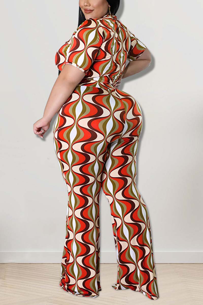 Plus Size Vacation All Over Print Short Sleeves Wide Leg Two Pieces Pants Set