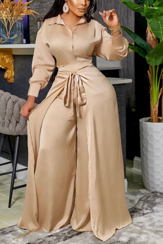 [Pre-Sale] Plus Size Casual Solid Satin Shirt Lace Up Wide Leg Two Pieces Pant Sets