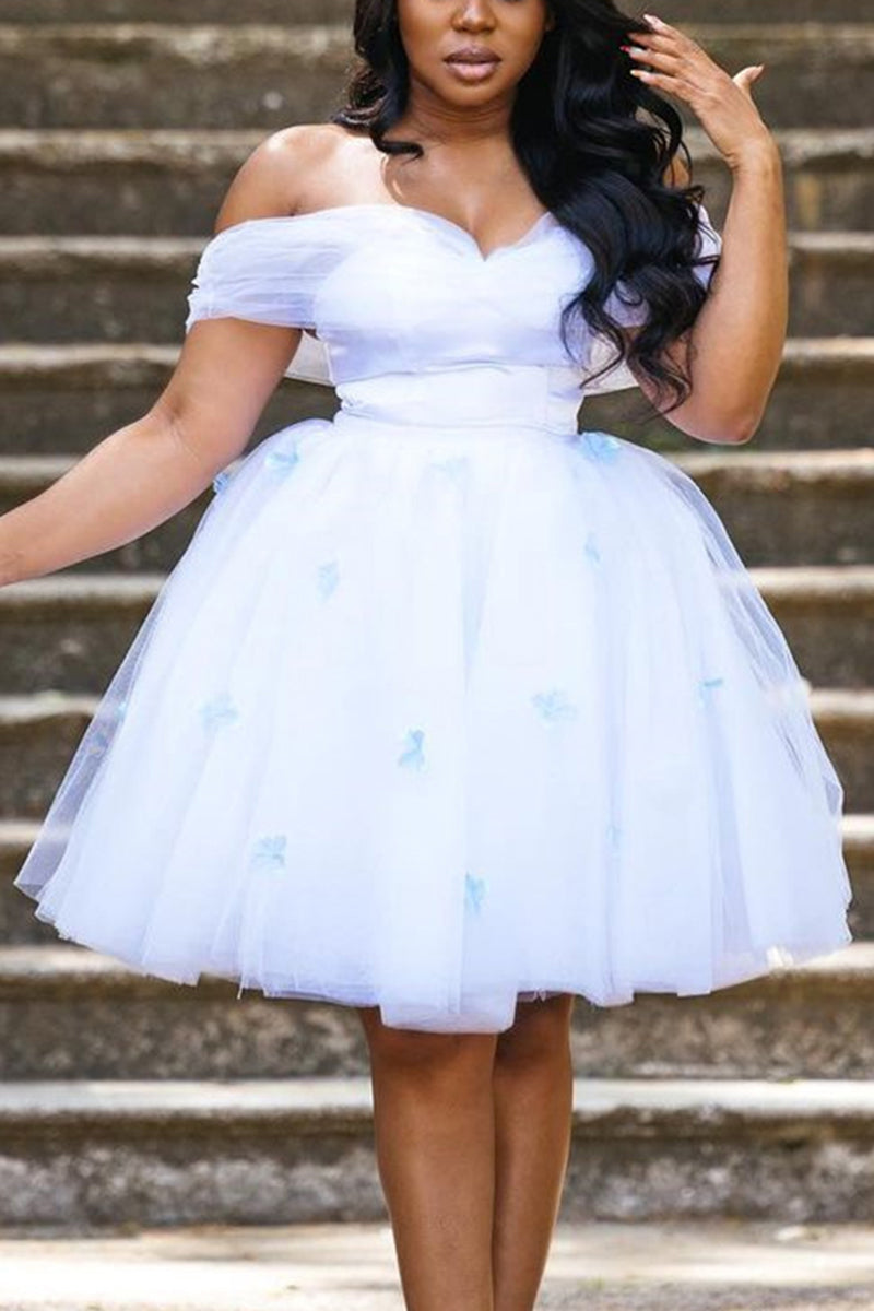 [Pre-Sale] Plus Size Cute Solid Off The Shoulder Tulle Embroidery Tutu Mini Dress