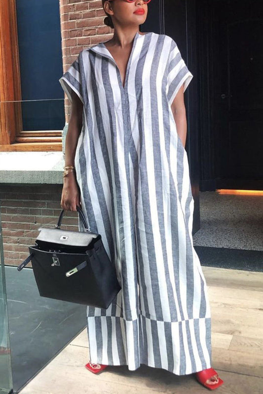 [Pre-Sale] Plus Size Casual Striped Print Turndown Collor Loose Maxi Dress