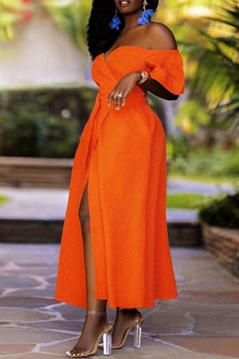 [Pre-Sale] Plus Size Casual Elegant Off The Shoulder Lace Up High Slit Maxi Dress