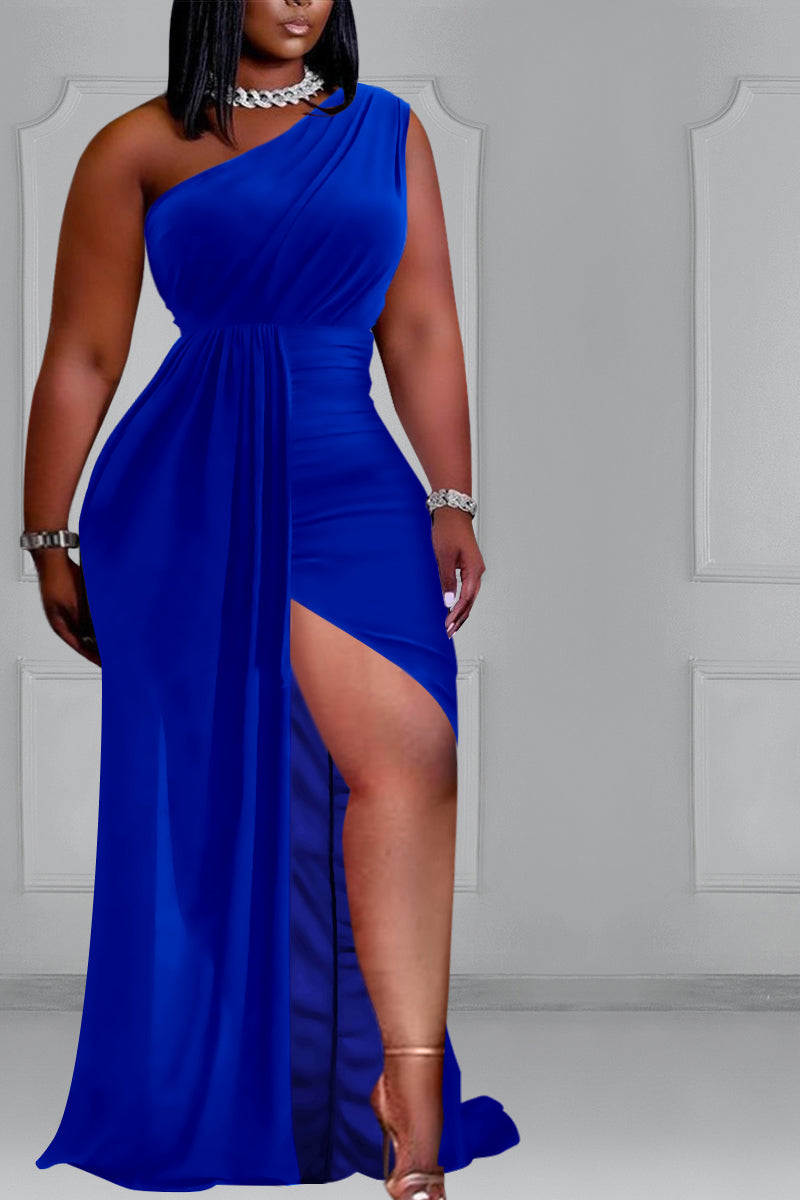 [Pre-Sale] Plus Size Formal Elegant Satin One Shoulder Ruched High Slit Maxi Dress