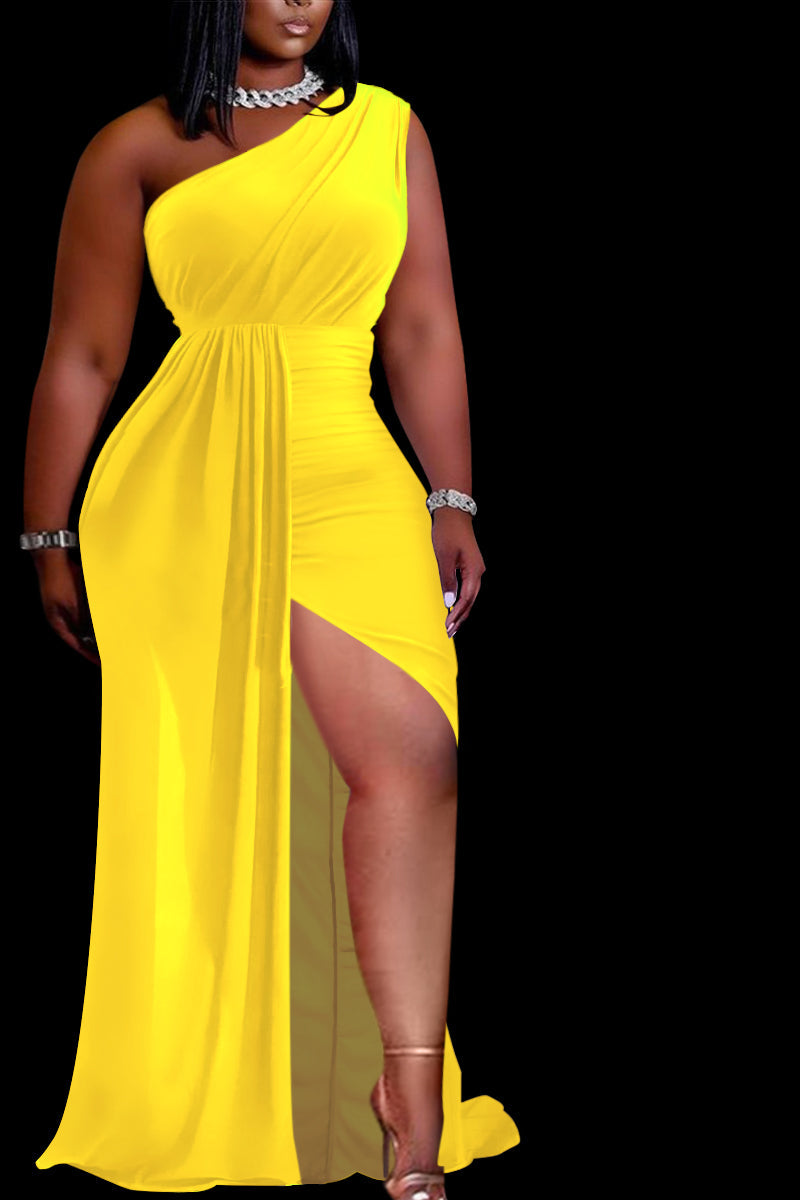 [Pre-Sale] Plus Size Formal Elegant Satin One Shoulder Ruched High Slit Maxi Dress