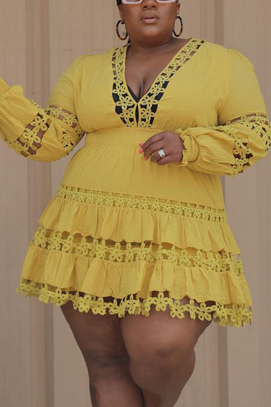 [Pre-Sale] Plus Size Casual Solid Lace Long Sleeves V-Neck Mini Dresses