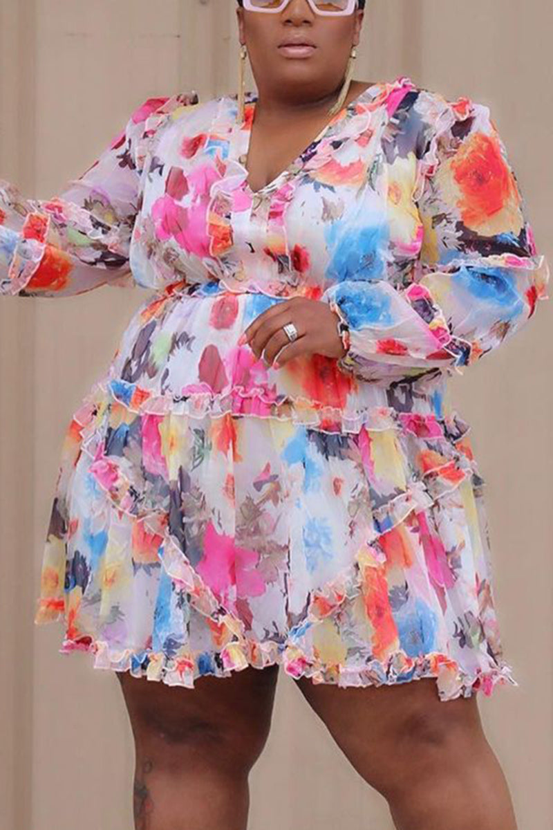 [Pre-Sale] Plus Size Floral Print Long Sleeves Lace Up Ruffle Mini Dresses