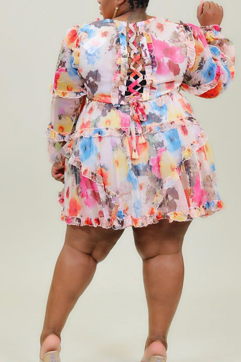 [Pre-Sale] Plus Size Floral Print Long Sleeves Lace Up Ruffle Mini Dresses