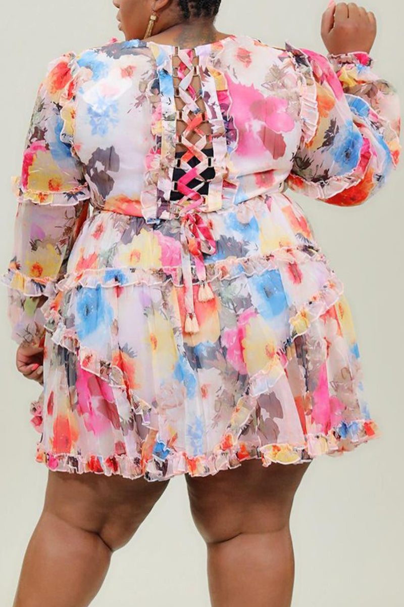 [Pre-Sale] Plus Size Floral Print Long Sleeves Lace Up Ruffle Mini Dresses