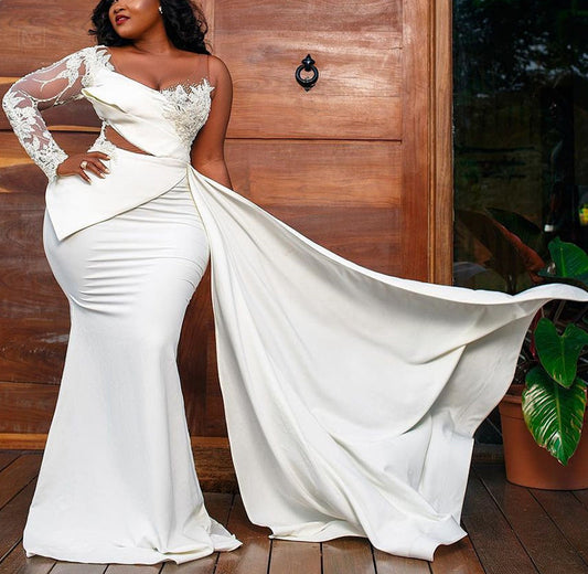 [Pre-Sale] Plus Size Formal Wedding Asymmtrical Cut Out Embroidery Sweep Maxi Dress