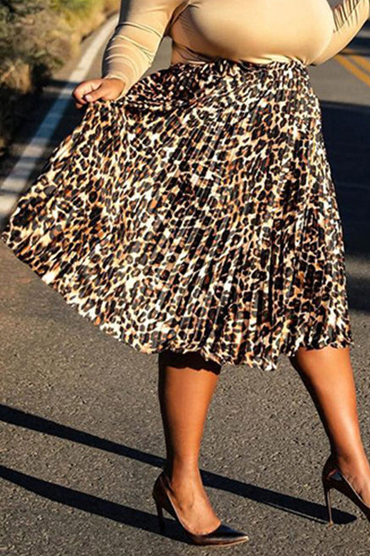 Plus Size Casual Leopard Print Pleated High Waist Midi Skirt