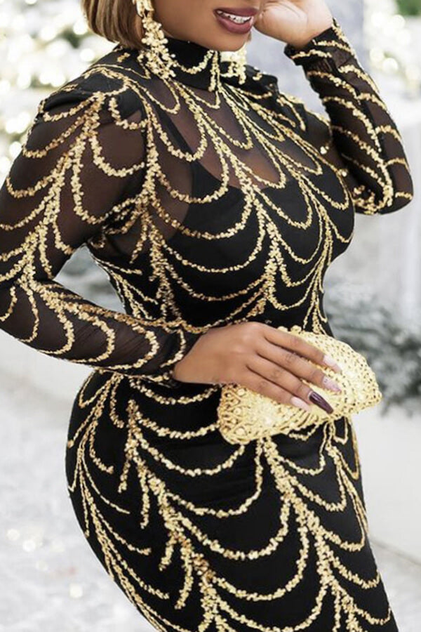 Plus Size Dresses Golden Tight Skirt Long Sleeve See-through Maxi Dress