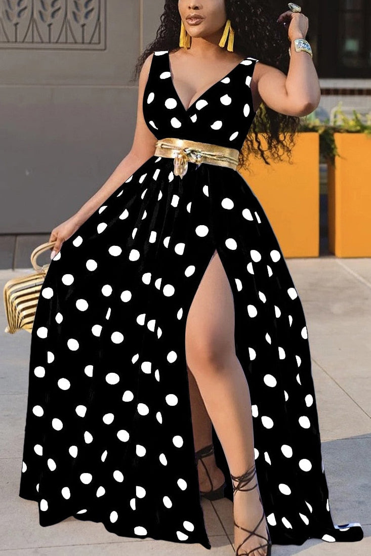 [Pre-Sale] Plus Size Casual Sleeveless Polka Dot Pleated Split Maxi Dresses