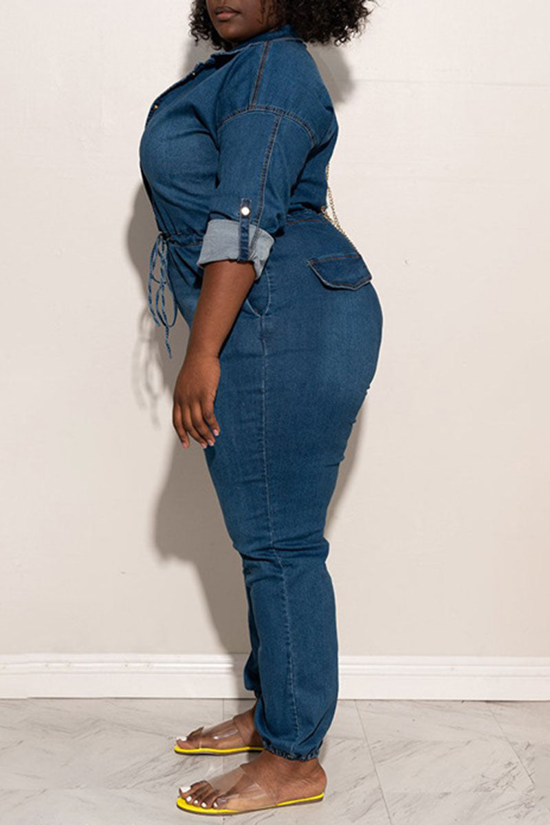 Plus Size Plain Jumpsuit Denim Long Sleeve