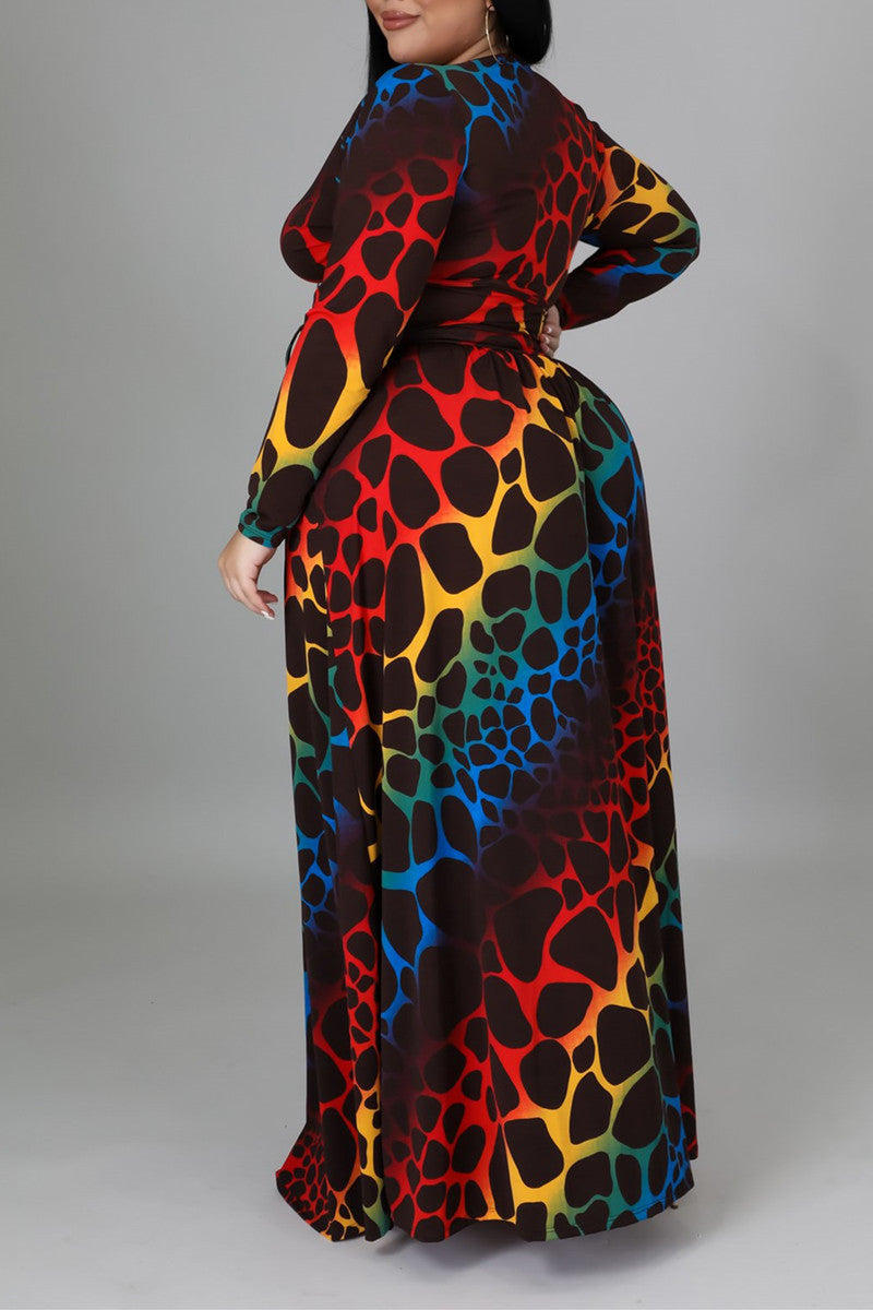 Plus Size Leopard Print V Neck Bandage Long Sleeve Maxi Dress(No Belt)