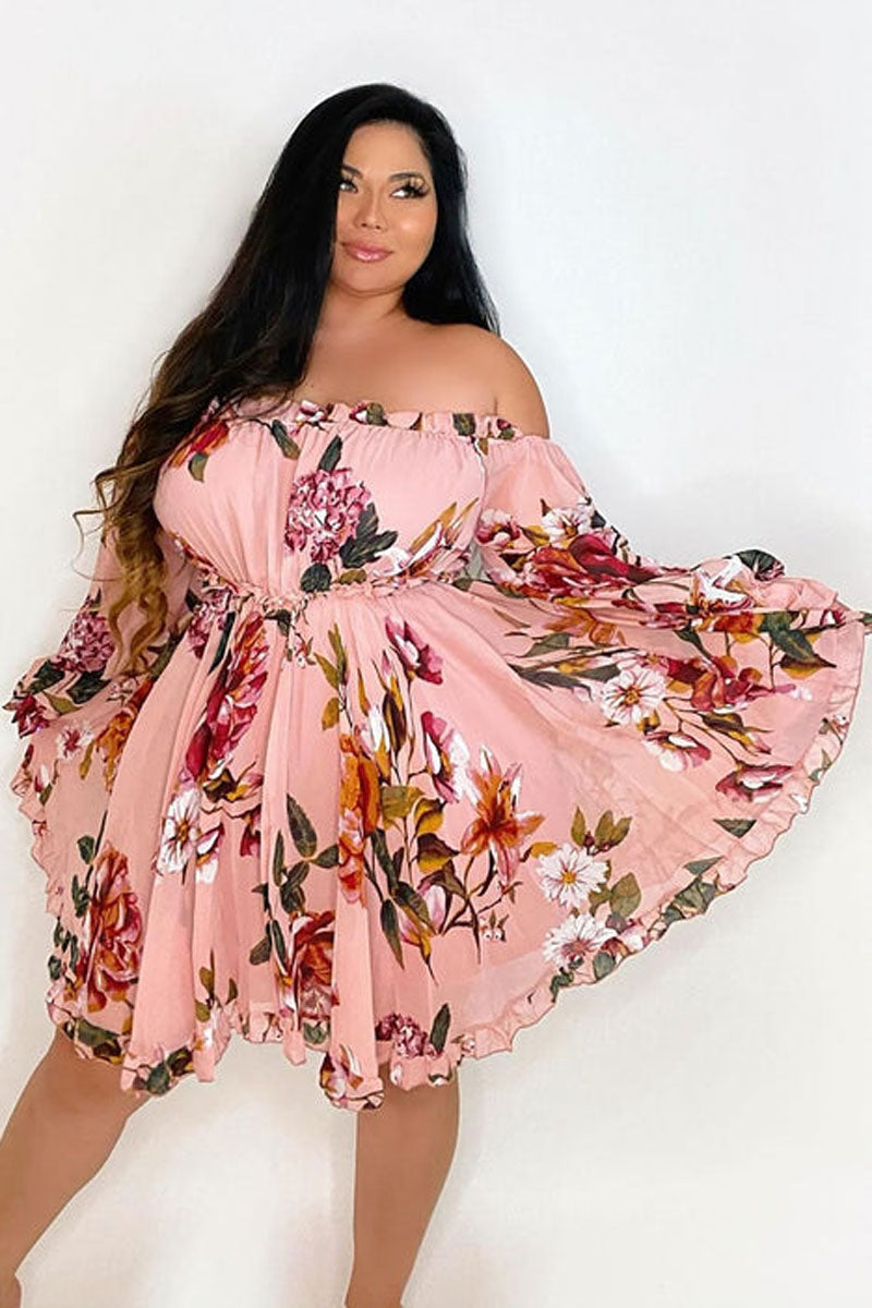 Plus Size Casual Off The Shoulder Floral Print A Line Mini Dresses