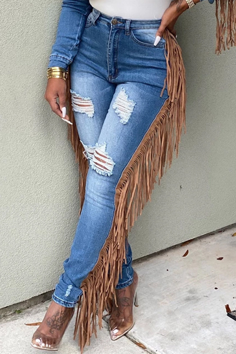 Plus Size Plain Denim Jeans Ripped Skinny Fringed