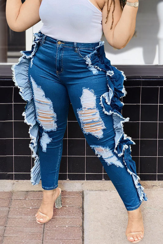Plus Size Denim Plain Ruffled Jeans