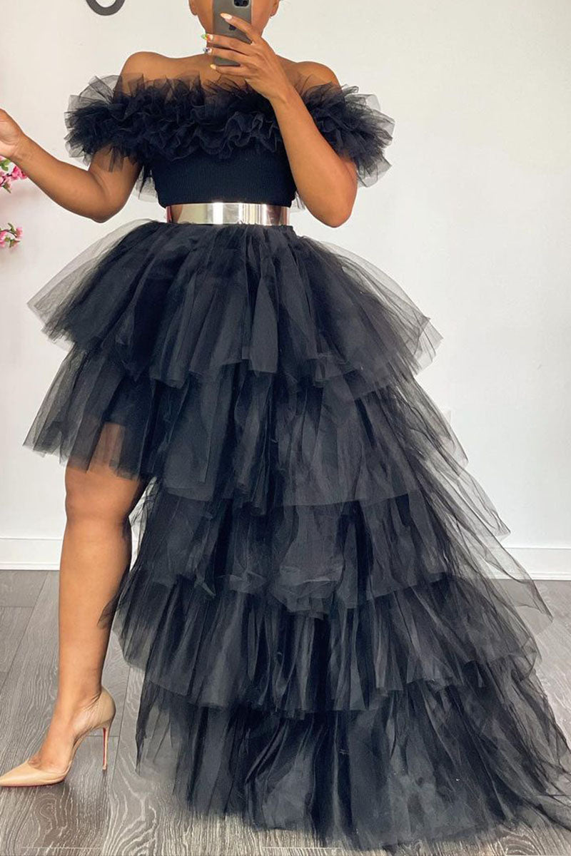 Plus Size Fluffy Tulle Irregular Solid Cake Skirt(Without Belt)
