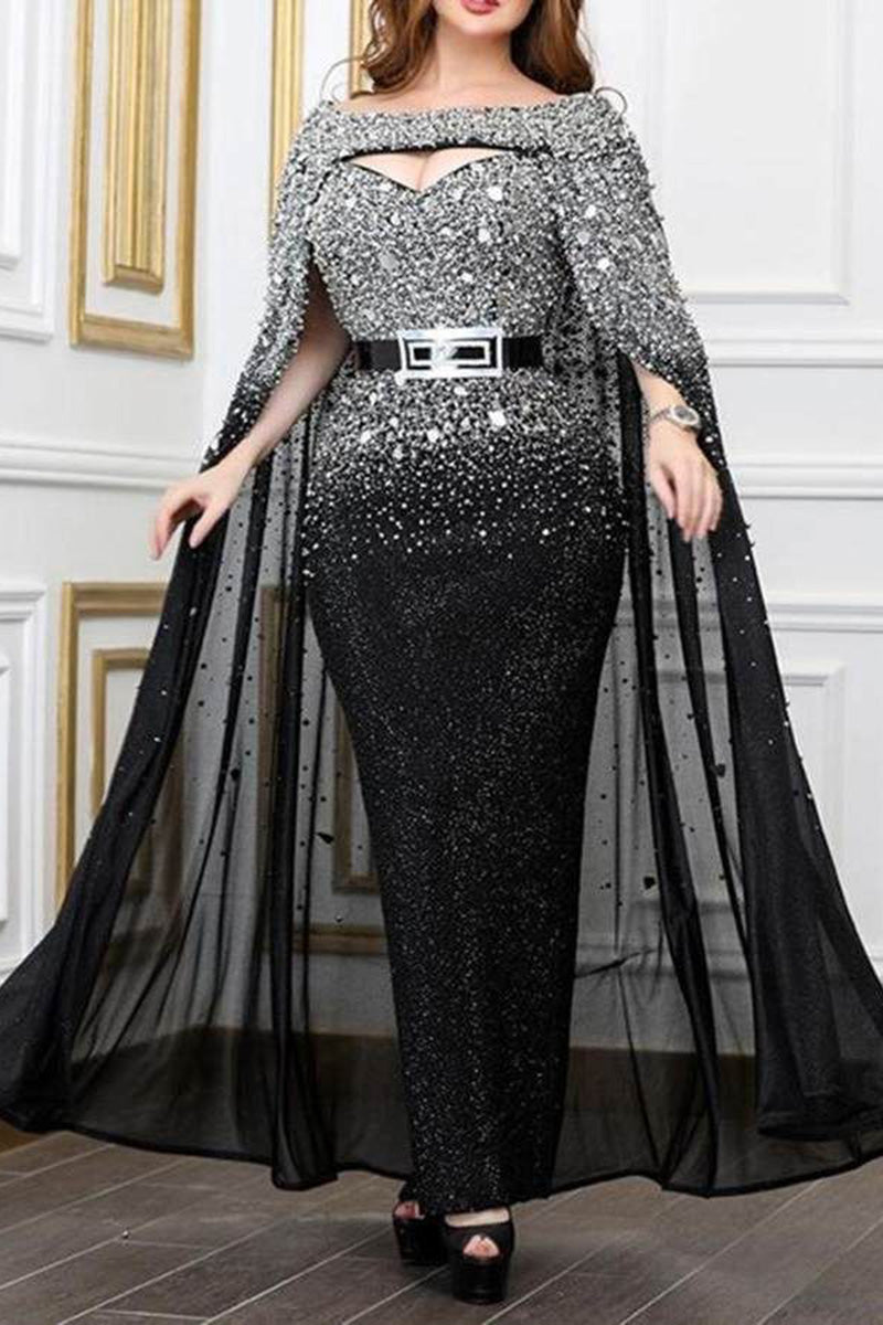 Plus Size Tulle Hollowed Out Sequin Split Joint Capes Maxi Dress(No Belt)